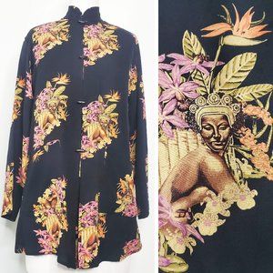 Harari Womens Made in USA Silk Tunic Top Asian Print Wearable Art Black S